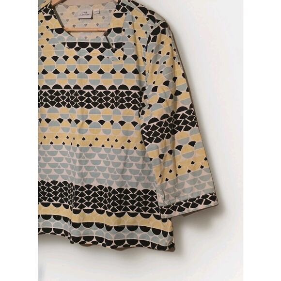 Hot Cotton 3Q Sleeve Black Yellow Linen Cotton Blouse Large Casual Resort Wear - Picture 4 of 5